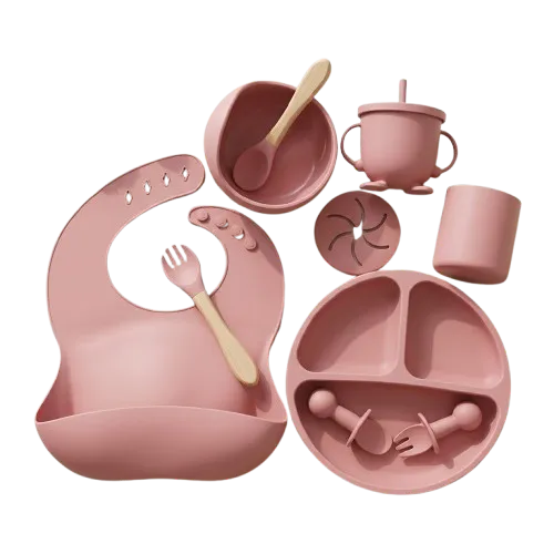 Silicone Baby Feeding Set | Suction Plate, Bowl, Bib, Cup & Spoon, Pink thumbnail 2
