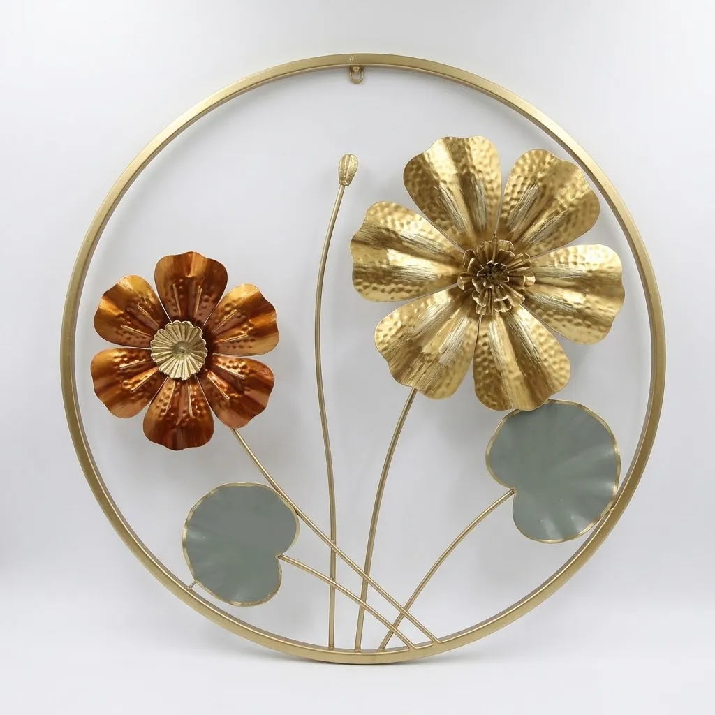  Metal Flower Wall Art | Oval Gold Frame Wall Showpiece for Living Room thumbnail 3